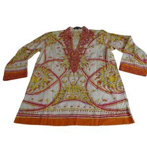 Key Lime and Pink Beaded Boho Tunic Top Women Size XL White Orange Long Sleeve